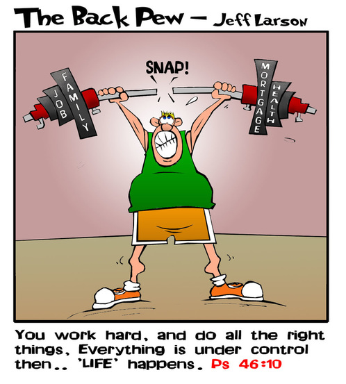 This christian cartoon illustrates life using a weightlifter and the truly unexpected
