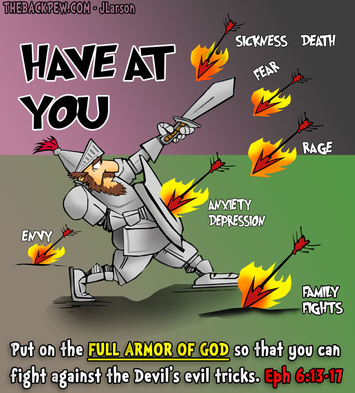 This christian cartoon features the exhortation to put on the Full Armor of God