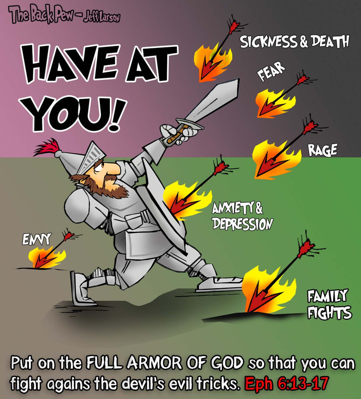 This christian cartoon features the exhortation to put on the Full Armor of God