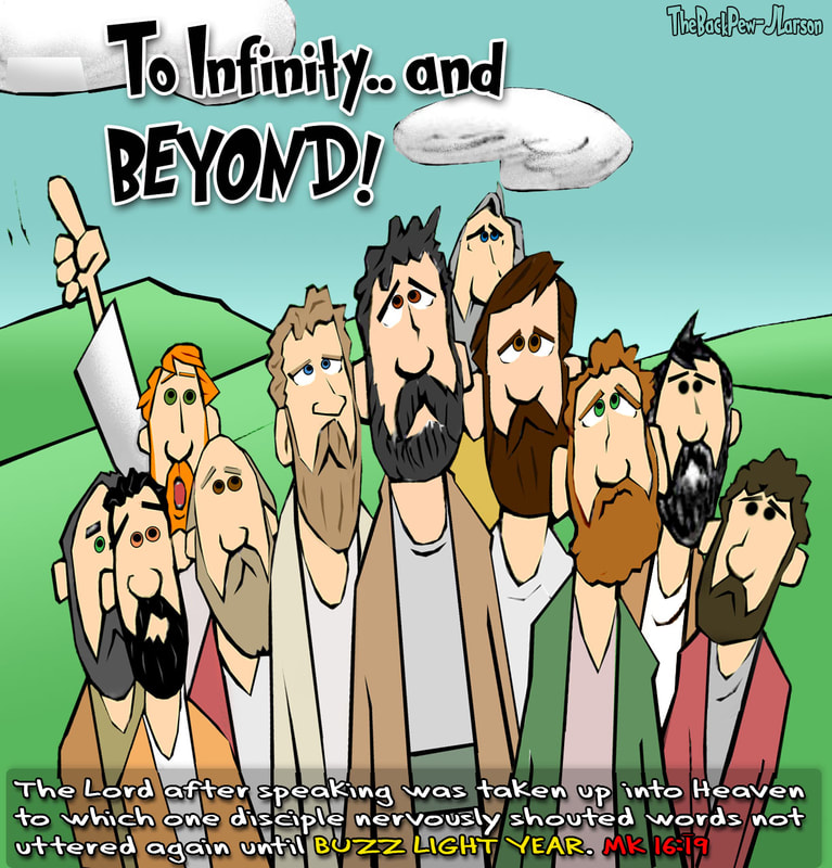 gospel cartoons, Jesus cartoons, the Ascension cartoons, Mark 16:19, Luke 24:50