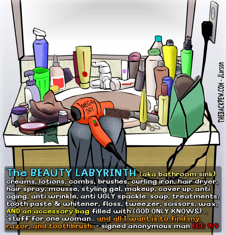 This christian cartoon features the bathroom sink as another mystery between a man and a woman where a man finds his toothbrush and razor lost amongst his wife's 'few' essentials