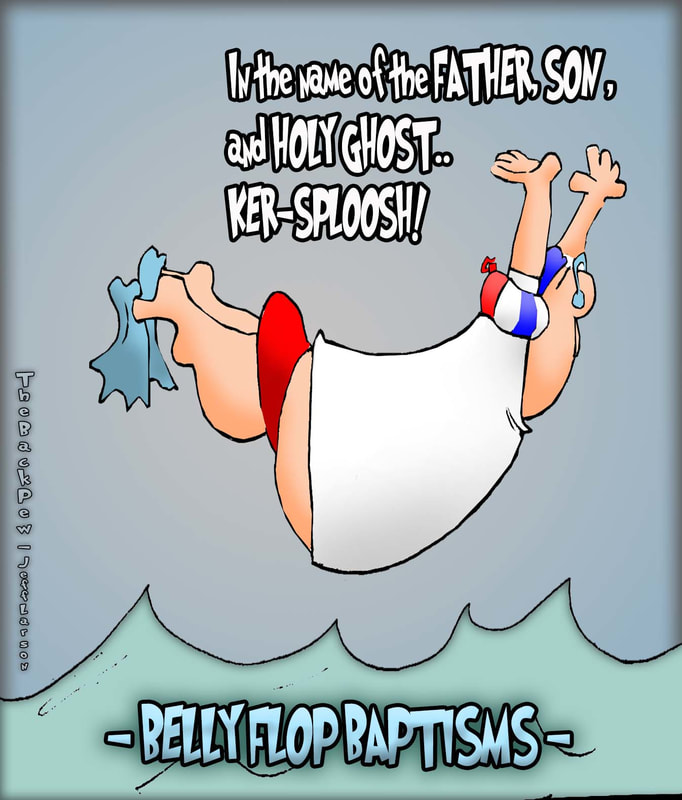 This christian cartoon features a belly flop baptism
