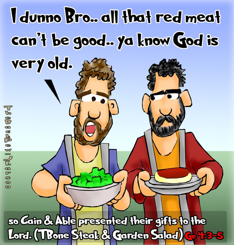 Cain and Able cartoons from Genesis 4:3-5 bringing their gifts to God