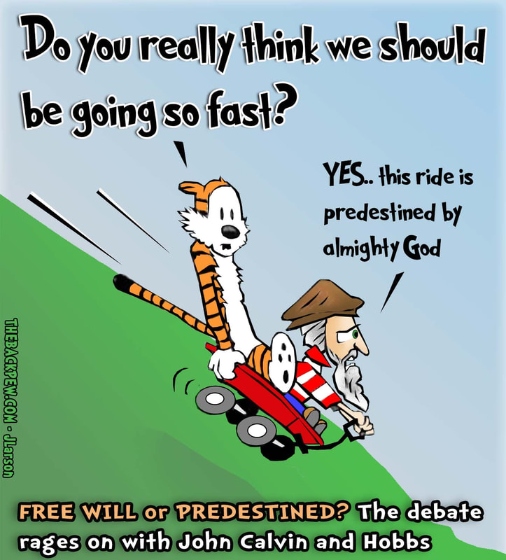 This christian cartoon features John Calvin and Hobbs debating theology in a wagon traveling fast downhill