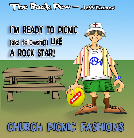 This Christian cartoon features Baptist picnic fashions on a runway somewhere in Minnesota