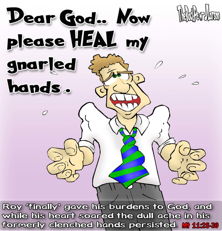 christian cartoons, worry cartoons, peace cartoons, clenched hands cartooons, Matthew 11:28-30