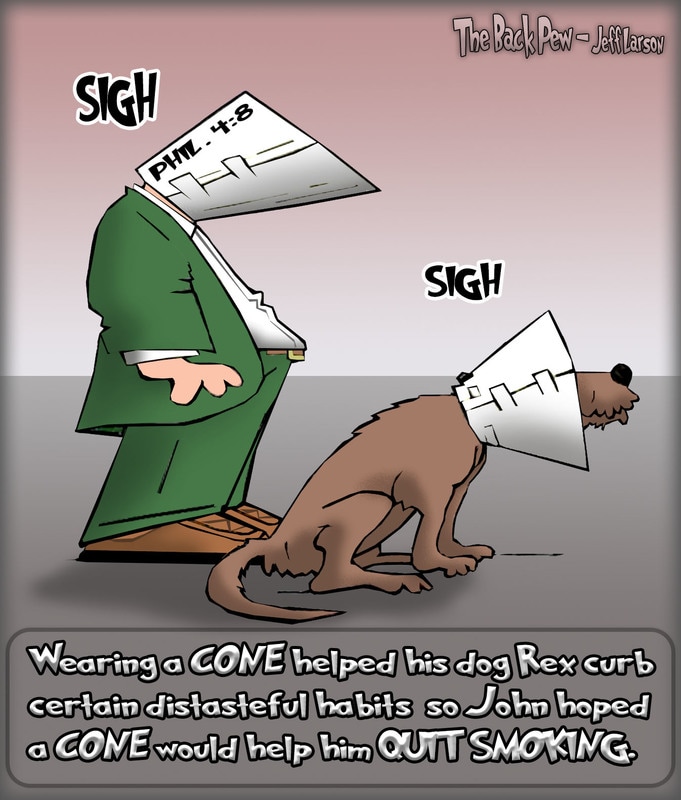 this cartoon features a man using a cone to help him quit smoking as referenced in Philippians 4:8