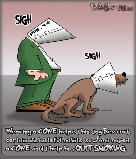 This christian cartoon features a man using a dog cone to curb his problem with smoking