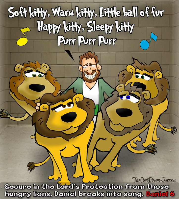 This christian cartoon features Daniel in the Lions Den from Daniel 6