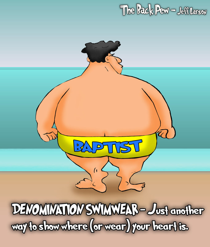 This christian cartoon features denomination swimwear