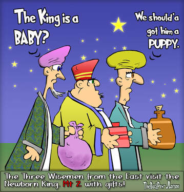 This Christmas cartoon features the Three Wise men bringing gifts to baby Jesus