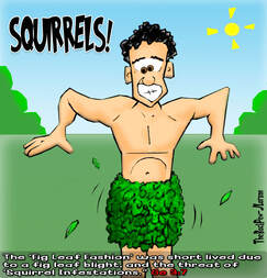 This Bible Cartoon features Adam in the Garden of Eden wearing fig leaves and afraid of squirrelsPicture