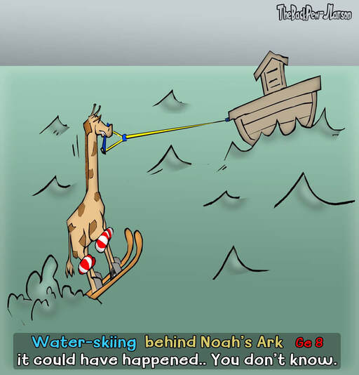 This Bible Cartoon features a giraffe water-skiing behind Noah's Ark Picture