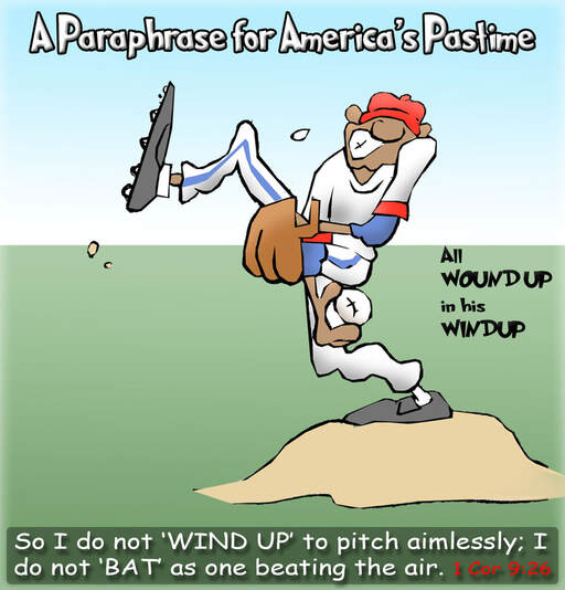 This Christian Cartoon featuring an ugly baseball pitcher windup
