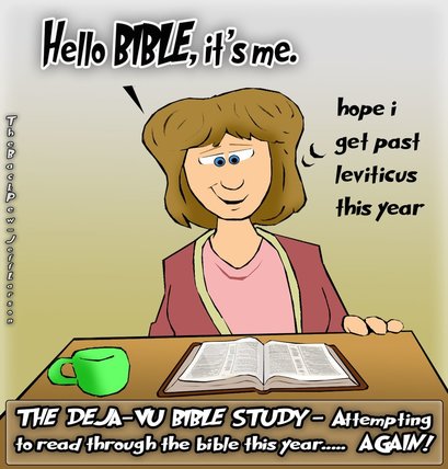 This christian cartoon features the read through your bible in a year bible study