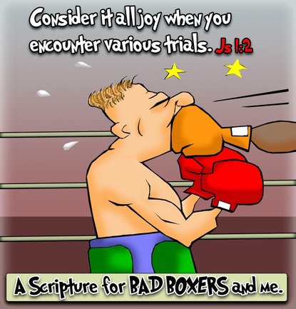 This christian cartoon features a boxer taking one on the chin considering it all joy James 1:2