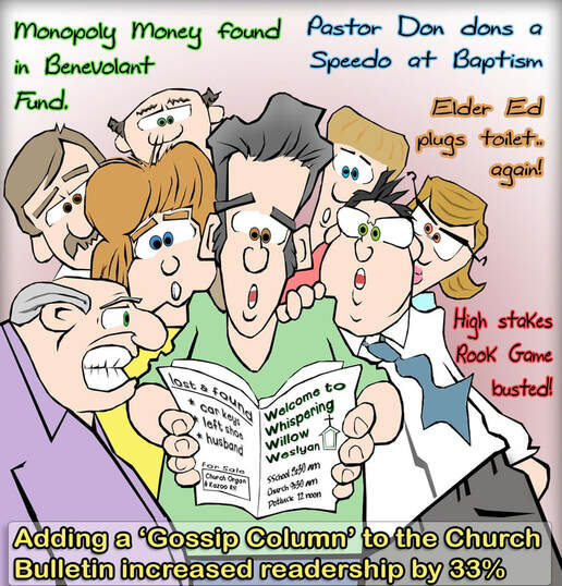 This Church Cartoon features a gossip section in the church bulletin