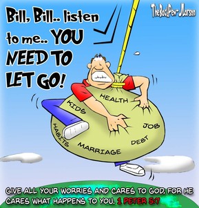 This Christian cartoon features our need to let go of our burdens and let God take care of us.