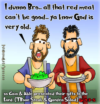 This bible cartoon features Cain and Able presenting their gifts to God