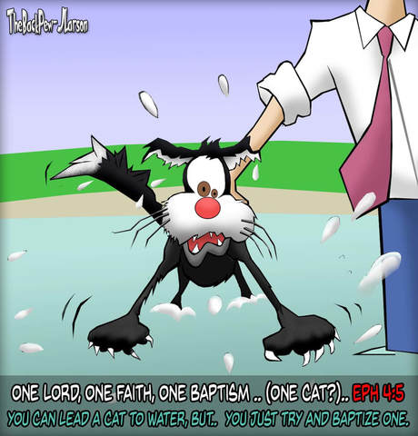 This Christian cartoon features a Cat being Baptized?