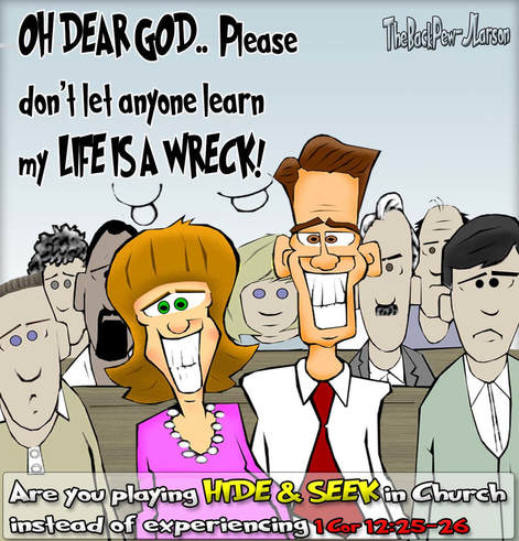 This church cartoon features a couple hiding in church pretending they are ok