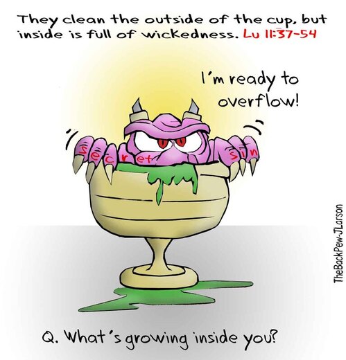 This Christian cartoon illustrates the Gospel teaching to Clean the Cup inside and out.Picture