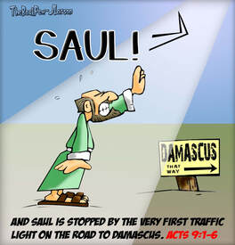 This Bible cartoon features the story when Jesus speaks to Saul on the road to Damascus in Acts 9