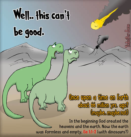 This Bible Cartoon features dinosaurs watching an asteroid on the horizonPicture