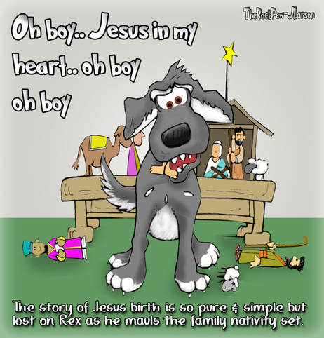 This Christmas cartoon features a dog who mauled the family nativity set