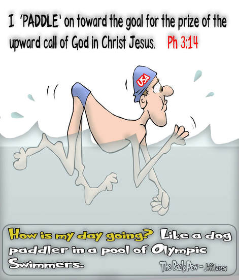 This Christian Cartoon features a man's Christian journey like a dog paddler  in a pool of Olympic Swimmers