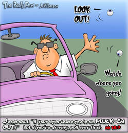 This christian cartoon features the gospel teaching of Jesus to pluck out your eyes if they cause you to sin but not while driving