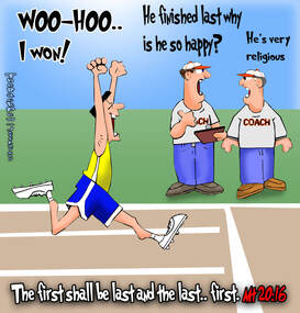 This christian cartoon features a bad runner encouraged by the scripture in Matthew 20:16 the first shall be last and the last first