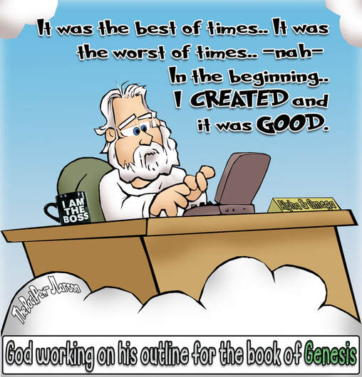 This Bible Cartoon features God writing the outline for the book of GenesisPicture