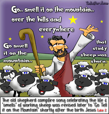 This Christmas cartoon features shepherds tending sheep that first Christmas night