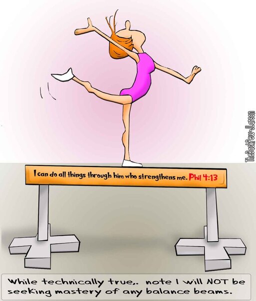 This Christian cartoon features a gymnast and the Bible truth I can do all things through Christ who strengthens me. Philippians 4:13 Picture