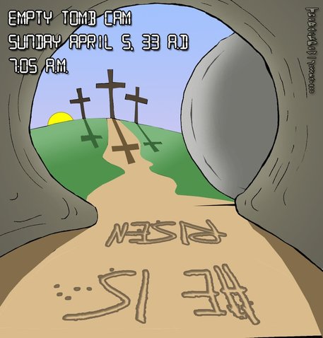 This christian cartoon features the empty tomb that first Easter morning