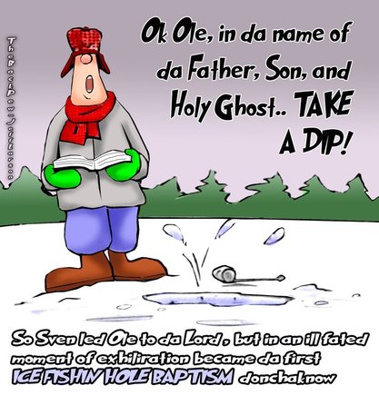 This Minnesota cartoon features an Ice Fishing Hole Baptism