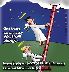 This bible cartoon features an acrophobic angel on Jacob's Ladder in Genesis 28:12