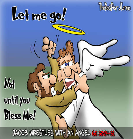 This Bible cartoon features Jacob wrestling with an angel in Genesis 32:24-31