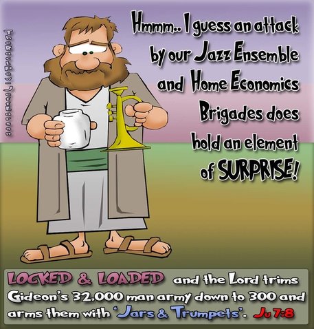 This bible cartoon features the story of Gideon defeating the Midianites with 300 men armed with jars and trumpets