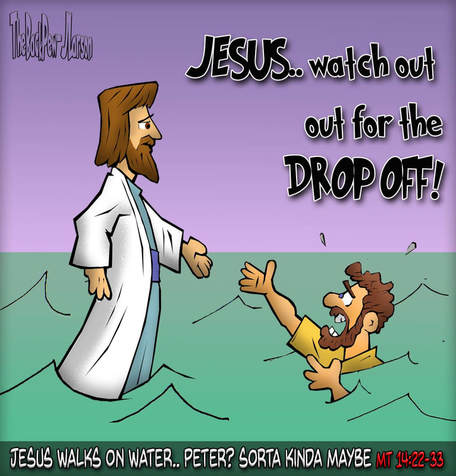 This Gospel cartoon features Jesus walking on water while Peter sinks