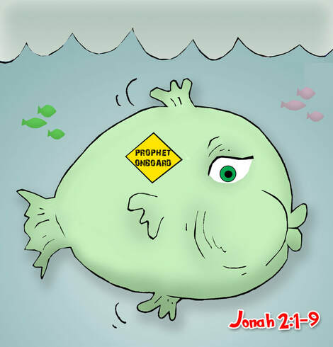 This Bible Cartoon features Jonah onboard in  a Whale/ big Fish