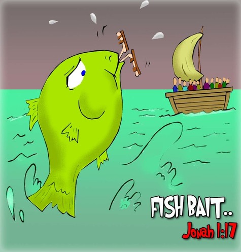 This bible cartoon features the story of Jonah being swallowed into the belly of the big fish. Jonah 1:17 