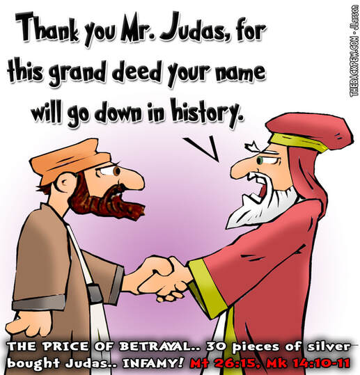 This gospel cartoon features the moment Judas betrayed Jesus for 30 pieces of silver