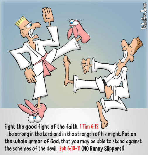 This Christian Cartoon features fighting the good fight using Karate and Pink Bunny SlippersPicture