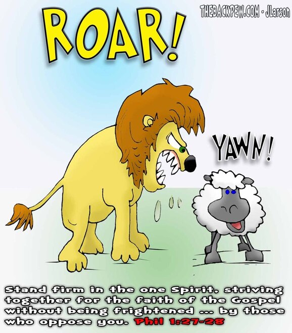This Christian Cartoon features a lamb yawning in the  presence of a lion to illustrate being unafraid standing firm in the Spirit