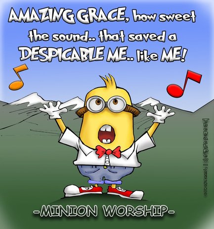 This christian cartoon features a minion singing amazing grace