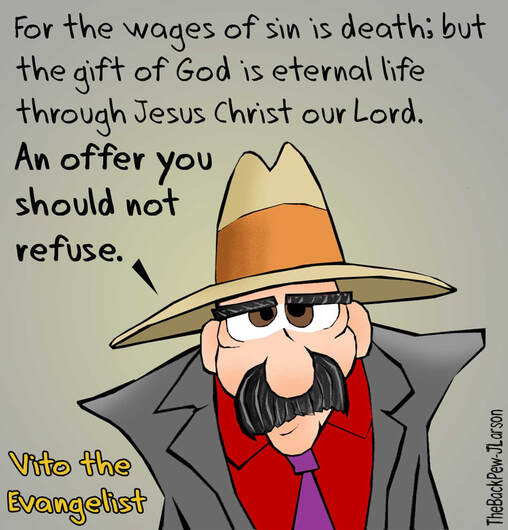 This Christian cartoon Vito the Evangelist sharing the gift of God, and offer you should not refuse