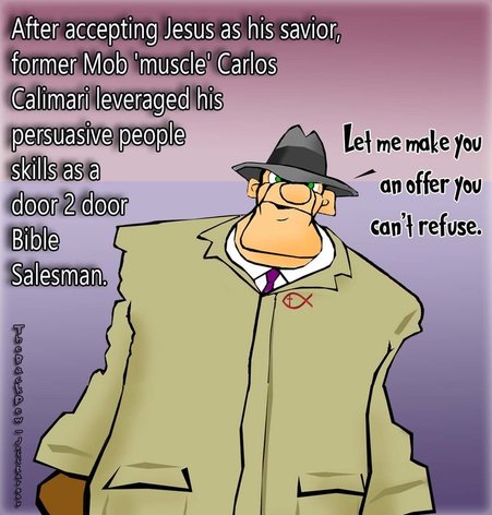 This christian cartoon features an ex-mob hitman now as a bible salesman