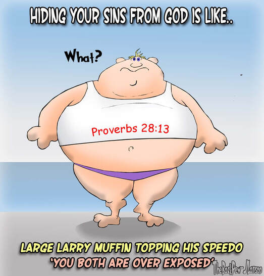 This Christian Cartoon compares hiding our sins from God with muffin topping a speedo